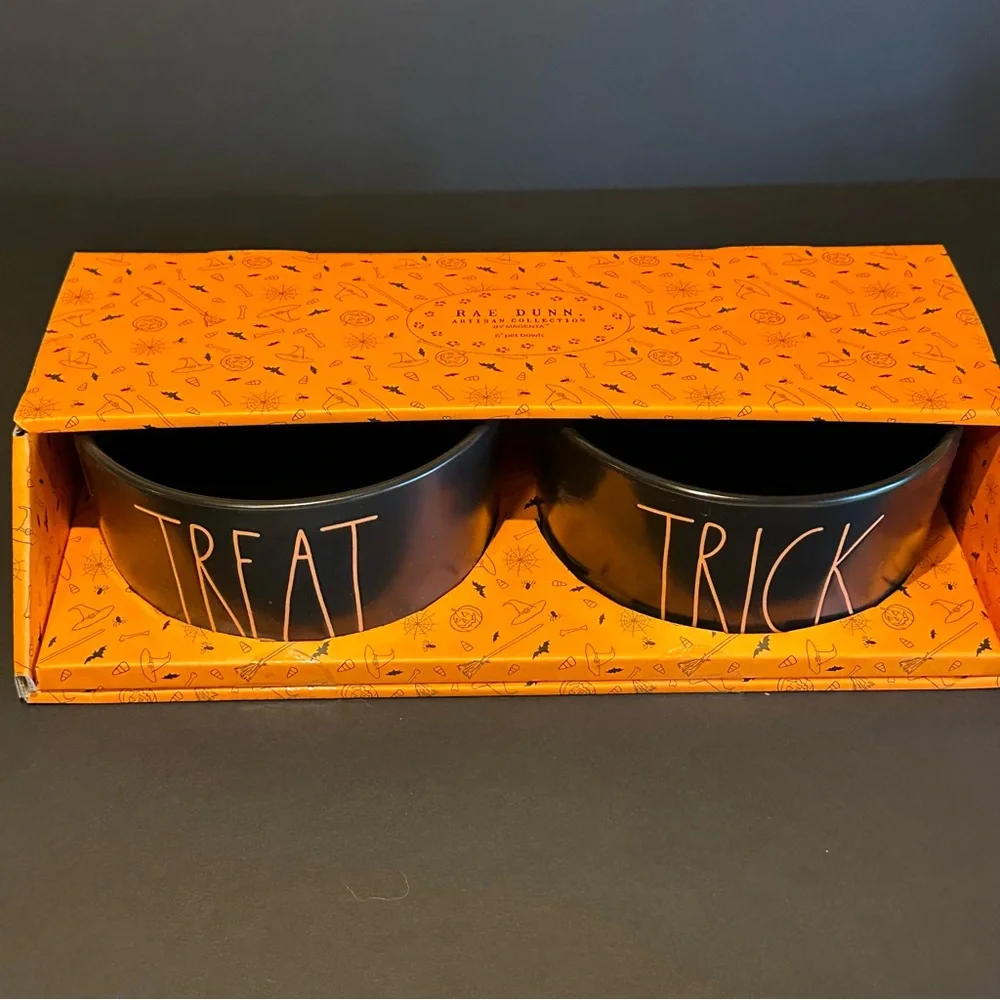 Rae Dunn TRICK TREAT 6” Dog Bowl Set Black Orange Halloween